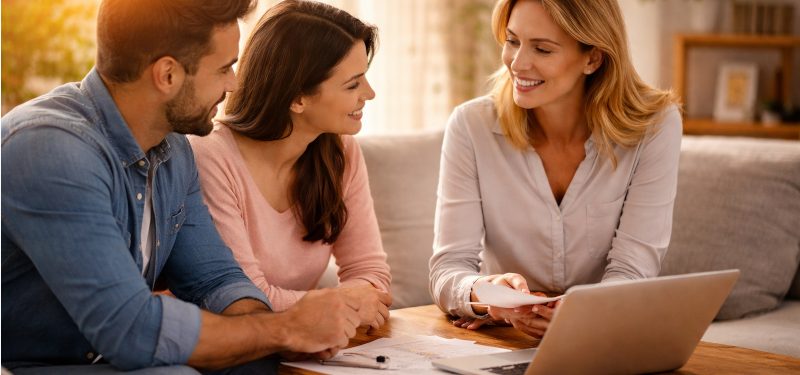 жена консултира двойка за бърз кредит жена консултира двойка за бърз кредит